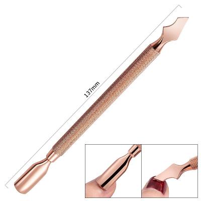 China Wholesale Finger Nail Art Spoon Supplier Manicure Tool D501 Double Headed Rose Gold Stainless Steel Nail Cuticle Pusher for sale