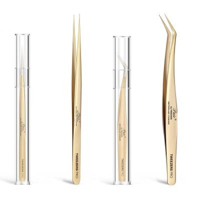 China Eyelash Grafting Tweezers Extended Eyelash Grafting Tweezers, Stainless Steel Tweezers for Lash Grafting Extensions Gold with Mini Storage Tube for sale