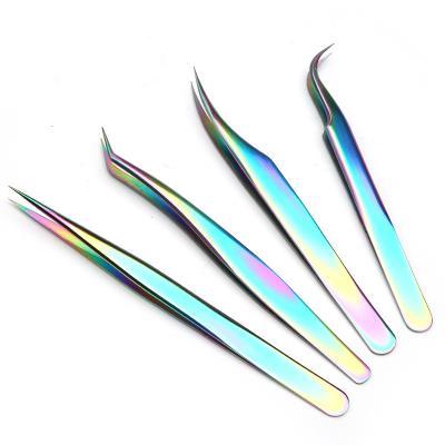 China Eyelash Grafting Tweezers Eyelash Extension Tweezers Color Fake Stainless Steel Eyelash Beauty Tool Titanium Rainbow for sale