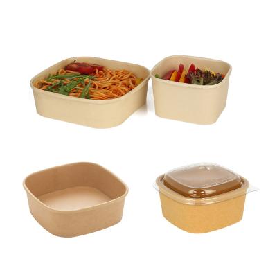 China Wholesale Customized Disposable 500ml 750ml Packaging Paper Salad Noodle Soup Cup Bamboo Square Bowl With PET PP Lid for sale