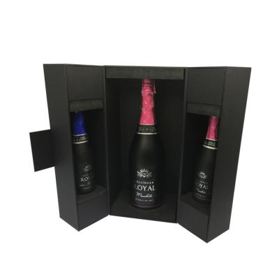 China Custom Rigid Cardboard Opening To Design Recyclable Luxury Double Door Wine Box Paper Bottles Fancy Matte Black Wine Glasses Gift Boxes Packaging for sale