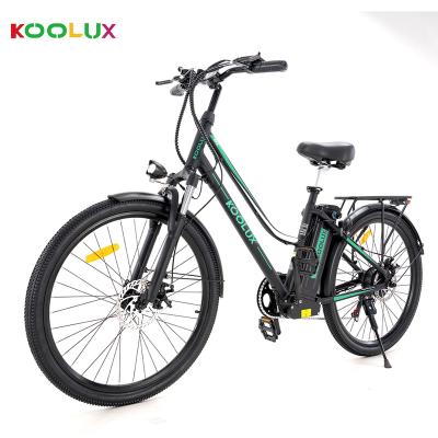 China Aluminum Alloy KOOLUX Custom Logo Pneumatic Tires 26 Inch Long Range 36V 11.2Ah City Bike Cheap Electric Bikes 35-80km For Adults for sale