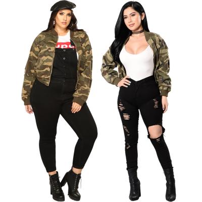 China Fashion Breathable Hot Selling High Quality Denim Crop Tops Coat Camouflage Army Green Zipper Cardigan Women Jacket Autumn Clothing for sale