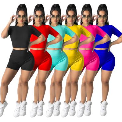 China Breathable Wholesale Solid Women Shorts Pants 2 Piece Sports Wear Tracksuit Crop Top Slim Fit Yoga Equipment Jogging Biker Shorts Two Piece Set for sale