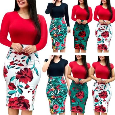 China Breathable Fashion Sexy Ladies Long Sheath Dress Spring Autumn Color Matching Plus Size Floral Casual Dresses For Women for sale