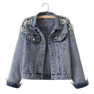 China 2021 Spring Autumn European New And American Short Beaded Casual Women Breathable Denim Jacket Plus Size Loose Slim Coat With Bead Decor for sale