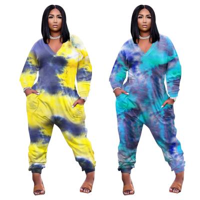 China Anti-pilling 2021 Women Fall Clothing New Sheath Loungewear Long Oversized Playsuit Tie Dye Loose Plus Size Overalls With Pockets for sale