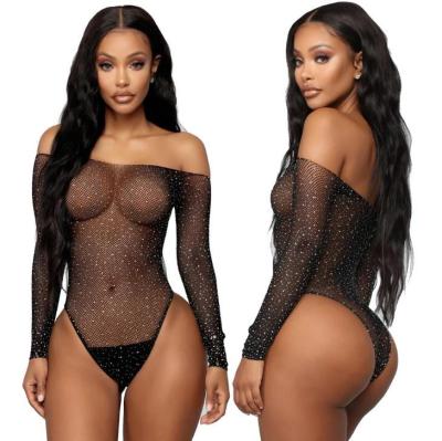 China Spandex/nylon solid color rhinestone bodysuit lingerie custom seller hollow lace netting private label hot transparent lingerie women for sale