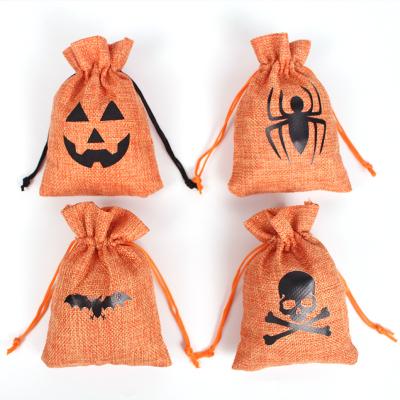 China Hemp Personalized Burlap Party Trick or Treat Pumpkin Candy Pouches or Lot Gift Wrapping Bag Kids Bulk Drawstring Wholesale Halloween Bags for sale