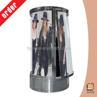 China Beautiful New Design Airport Sign Advertising Acrylic Rotating Cylindrical Revolving Gun Display Stand Billboard Light Box for sale