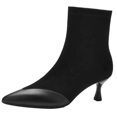 China European and American fashion trend black stitched short boots pointed toe boots women stiletto boots for sale