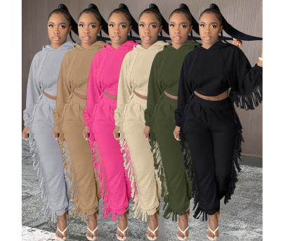 China Amazon Hot Women Fashion Style Breathable Clothing Long Sleeve Fringed 2 Piece Sweatpants Set Hoodie Jogging Suits for sale