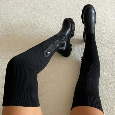 China Lightweight Winter Fashion Solid Color Leather Knitted Over The Knee High Heel Women Boots Boots Womens High Leg Boots for sale