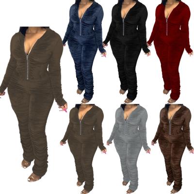 China Amazon Style Breathable Warm Autumn and Winter Women's Clothing Fashion Pleated Zipper Solid Color Hooded Cotton Luxury Overalls for sale