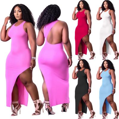 China Breathable Sleeveless Backless Long Casual Dresses Plus Size Women 2021 Solid Fork Bodycon Split Dress for sale