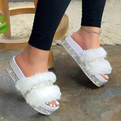 China Fashion Trend Women Shoes Thick Platform Plush Bling Diamond Slides Rhinestone Slippers For Women's Shoes Unique Sandals for sale