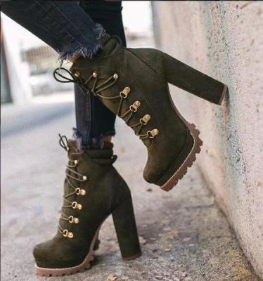 China 2021 New Winter High Heel Platform Ankle Boots Suede Lightweight Lace Up Boots For Ladies Martin Chunky Heel Boots for sale