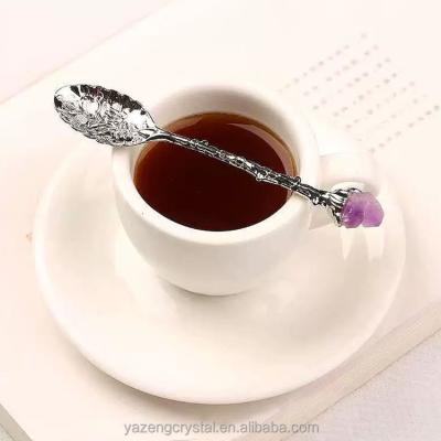 China Free Geographic Wholesale Tea Set Accessories Carved Long Handle Coffee Spoon Heart Gem Copper Natural Crystal Mixing Spoon for sale