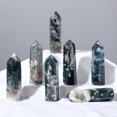 China Natural Hexagon Pillar of Crystal Wand Aquatic Agate Geode Crystal Healing Point Moss Crystal from national geo for sale