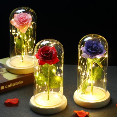 China Beautiful 2022 Colorful Rose LED Light Beauty Artificial Eternal Beast In Glass Cover Christmas Home Decor For Mother Valentines Day New Year Gift for sale