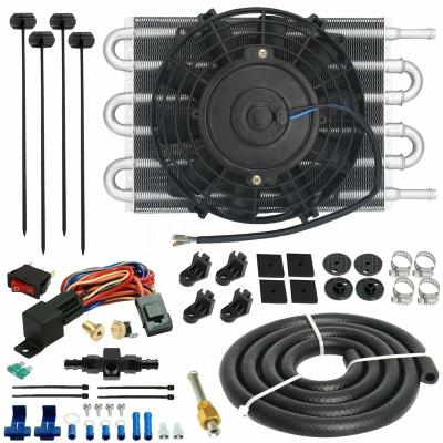 China 6 ROW TRANSMISSION ENGINE COOLER WITH ELECTRIC FAN 180' FIT THERMOSTAT F 6AN IN-HOSE KIT Universal for sale