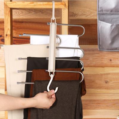 China Modern Stainless Steel Magic Pants Hangers 5 Layers 2 Uses Non Slip Traceless Folding Pants Multi Functional Rack Wardrobe Organizer for sale