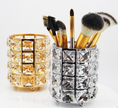 China Crystal Bling Makeup Brush Holder /Luxury Makeup Beauty Storage Gold Metal Vanity Makeup Brush Holder Case for sale