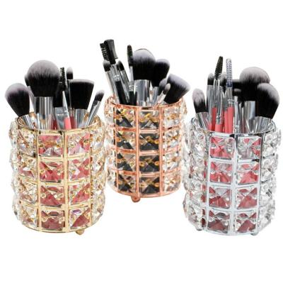 China Luxury Makeup Brush Pen Holder Decorative Ornaments Crystal Makeup Brush Organizer /Desktop Metal Makeup Beauty Storage for sale