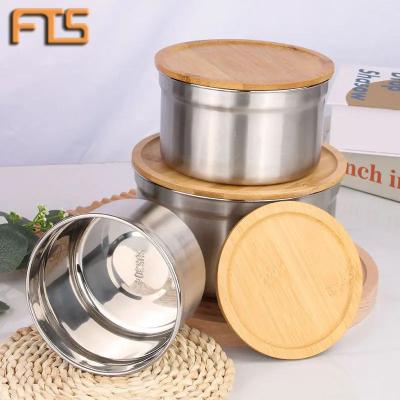 China Freshness Preservation Full Temporary Stop Food Containers Round Set Airtight With Bamboo Lid Stainless Steel Storage Jar Wholesale Reusable Freezer Food Container for sale