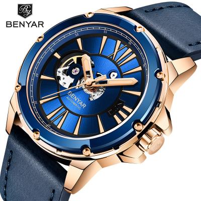 China Binya small three needle benyar men's watch waterproof watch 5183 luminous fashion hollow leather automatic mechanical bottom cover for sale