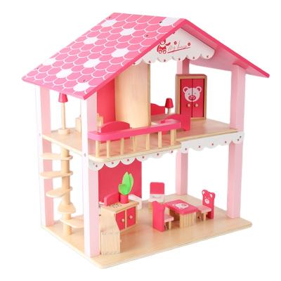 China Toy House Wooden Toy Role Play Eco-friendly Material DIY Toy Wooden Doll House Pink Wood for sale