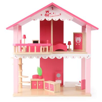 China Construction Toy Building Blocks New Design Birthday Gift Kids DIY Pink Wooden Dollhouse Furniture To Pretend Play Wooden Cube for sale