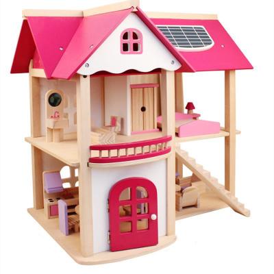 China DIY TOY 2 Layers High Simulation Role Play Wooden Toys Lace Wooden Doll Houses Villa Yiwu Toy Wholesale for sale