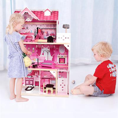 China Large villa DIY TOY Skylark simulation dream doll house pink wooden princess wooden three piece villa toys for sale