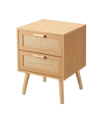 China Farmhouse Rattan Bedside Table with 2 Handcrafted Rattan Decorated Drawers Nordic Nightstand for sale