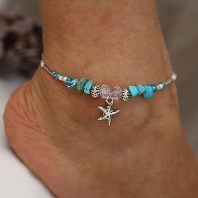 China New Fashion CLASSIC Crystal Bead Turquoise Stone Starfish Pendants Anklets Beach Yoga Foot Jewelry Anklet For Women Girls for sale