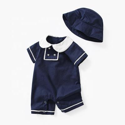 China Moq 2022 Short Sleeve Baby Romper 1 Summer Newborn Baby Rompers Peter Pan Style Preppy Unisex Boy Girl Collar Set With Hat for sale