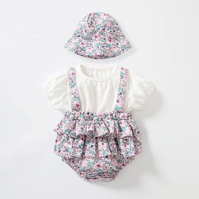 China Short sleeve baby romper summer 2022 knit newborn flower short sleeve frill clothes girls jumpsuit baby rompers set with hat for sale