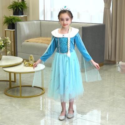 China Long Sleeve Girl Dresses New Autumn Long Sleeves Anna Elsa Princess Dress Halloween Cosplay Costume Girl Dresses With Cloak for sale