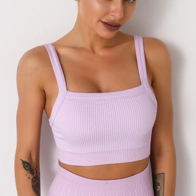 China Breathable Knit New Logo Tops Active Yoga Ribbed Strapless Seamless Bra Top Custom Made Gymwear Fitness Clothing for sale