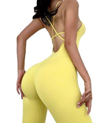 China Breathable Women Butt Textured Bandage Backless Romper Yoga Jumpsuit Sports Playsuit Gym Sleeveless Lifting Jumpsuit for sale