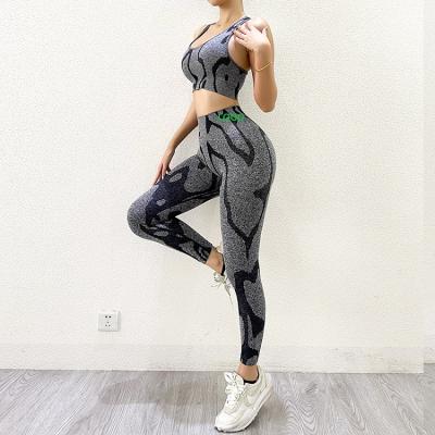 China Breathable High Stretch Camouflage Leopard Print Leggings Gym Bra Camouflage Print Pants 2 Piece Yoga Set Gary Two Tone Camo Seamless Black Set for sale