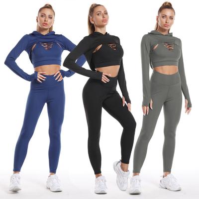 China Breathable Yoga Clothing Suit Sports Fitness Clothing Women's Quick-drying Peach Buttocks Yoga Pants Hooded Yoga Long Sleeve Tops for sale