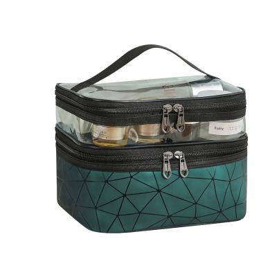 China new Double-layer PU cosmetic bag diamond lattice storage travel toiletry bag portable PVC double-layer cosmetic for sale