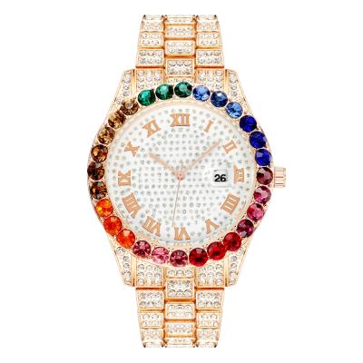 China Automatic date in current colorful quartz diamond watch hip hop ice with calendar quartz luxury watch for sale