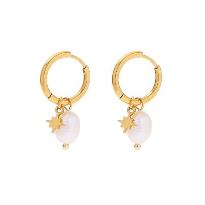 China TRENDY Fashion Oval Freshwater Pearl Huggie Stud Earrings For Women 18K Gold Starburst Stainless Steel Earring for sale