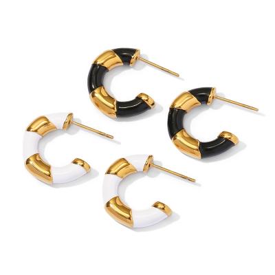 China Punk White Black Color Enamel Circle Earrings For Women 18K Gold Titanium Steel Contrast Color C Shape Earring for sale