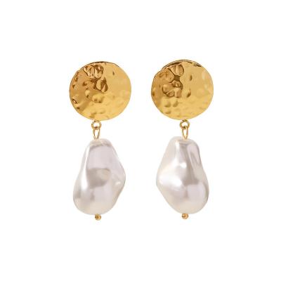 China Real TRENDY Titanium Steel 18K Gold Plating Drop Earrings For Women Irregular Simulated Pearl Earring for sale