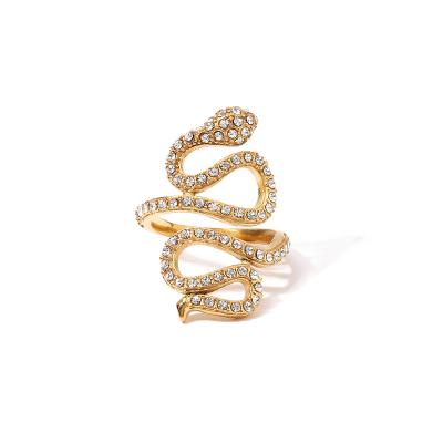 China TRENDY Shining Rhinestone Twist Snake Charm Rings For Women 18K Gold Stainless Steel Animal Opening Ring for sale