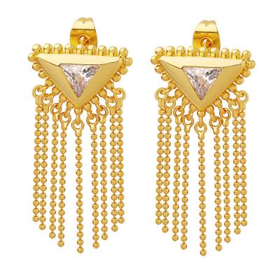 China Long Hyperbola CZ Shiny Zircon Geometric Tassel Earring For Women Gold Triangle Brass Drop Earrings for sale